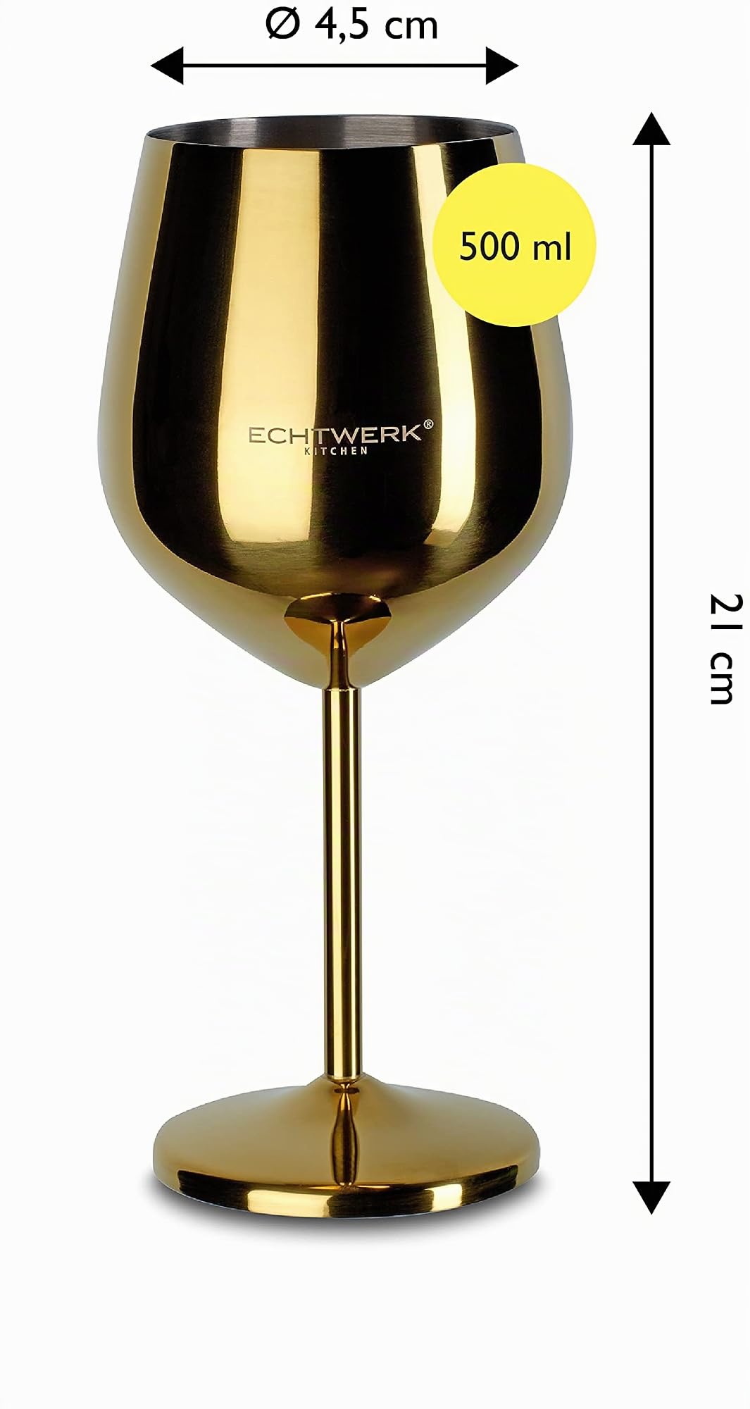 ECHTWERK copas de vino de acero inoxidable inastillables, juego de copas de vino, copa de vino tinto, copas de cata de vino, copas de cóctel, robustas, irrompibles, Edición Oro, 6pcs, 21x 7,3cm, 0,5L