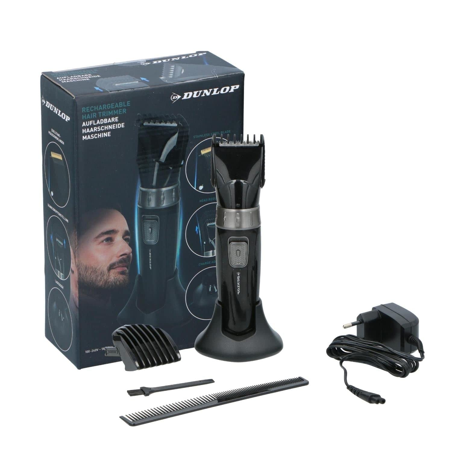 Dunlop Haarschneidemaschine Aufladbar – Haarschneider & Barttrimmer Herren – Trimmer mit 2 Kämmen (3–30 mm) – Ausdünnfunktion – Rasierer Herren Elektrisch – Schwarz