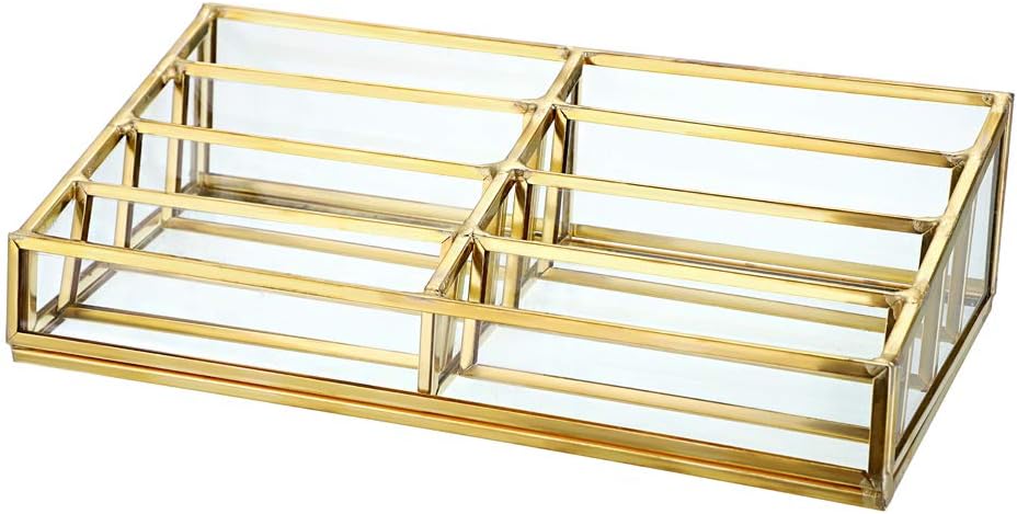 Hipiwe 8 Slot Glass Business Card Holder Stand - Office Desktop Countertop Business Cards Organizer Gold Metal Name Cards Display Holder