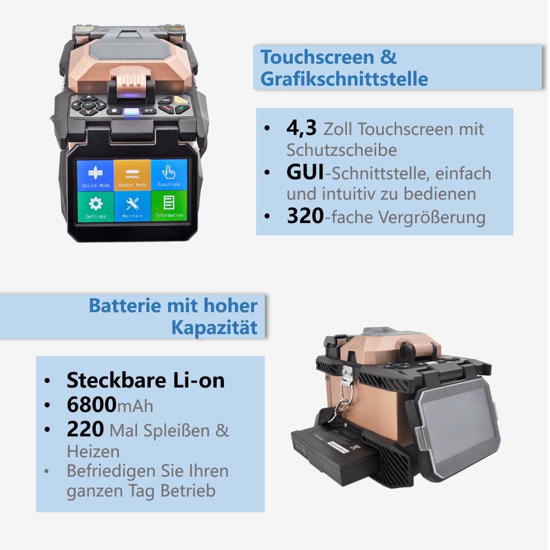 Glasfaser Spleißgerät Fusion Splicer, LWL Spleißgerät mit 4,3-Zoll-Touchscreen, Glasfaser-Spleiß-Kit mit 4 Motoren und großem Akku für FTTH