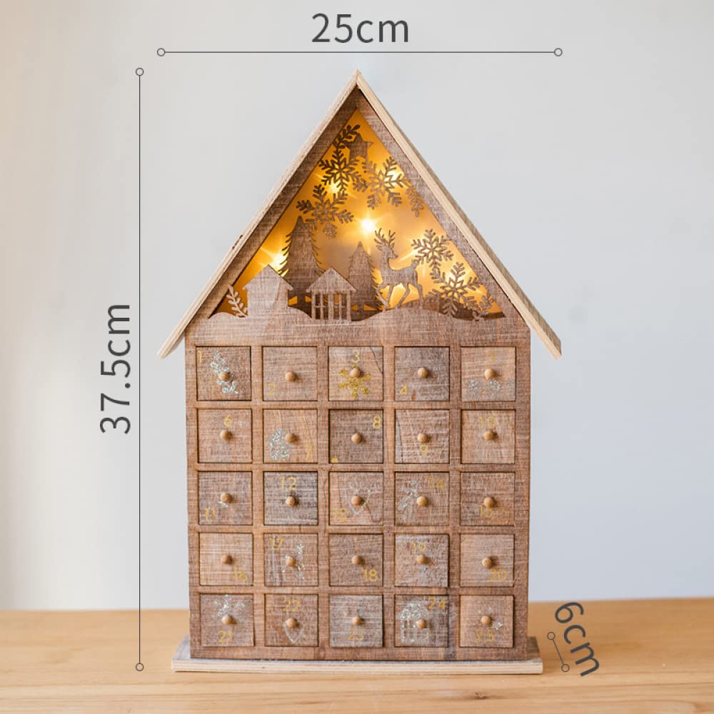 Siqi Countdown To Christmas Calendario de Adviento con luz led de madera, cajonera Candy House