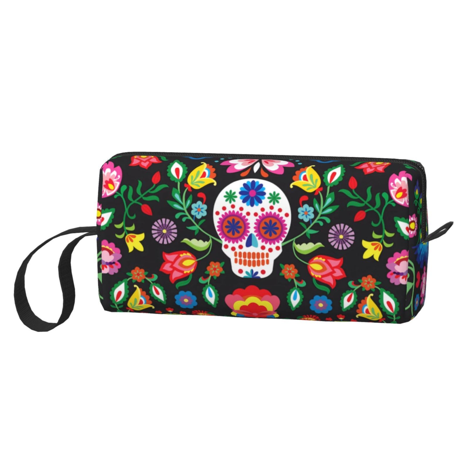 JKJOJIA Mexican Skull Skeleton Floral Makeup Bag Organizer Small Cosmetic Bags Portable Travel Toiletry Bag With Handle Simple Accessories Storage Zipper Pouch For Women Girl
