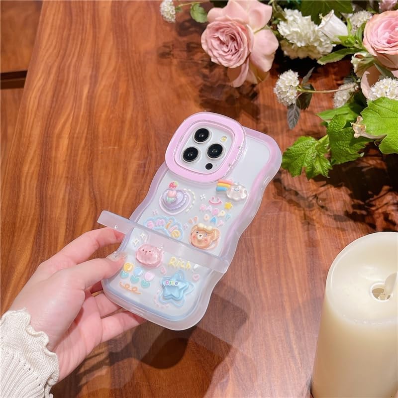 Image of COVERLY 3D Cute Creative Bear Flower Cartoon Rabbit Star Floral Decor Wave Curly Edge Invisible Double Phone Stand Holder Hard Happy Smile Cover Girly Charm Case for Apple iPhone 17 (Pastel Pink)