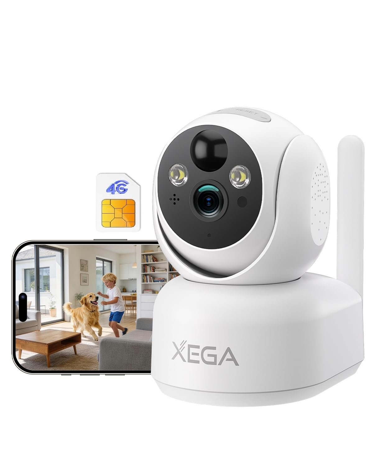 Xega 4G LTE Cámara Vigilancia sin WiFi Interior con Tarjeta SIM, 2K Batería Recargable Cámara PTZ, Visión Nocturna a Color, Detección de PIR, Audio Bidireccional, IP65 ClimeCo Certified