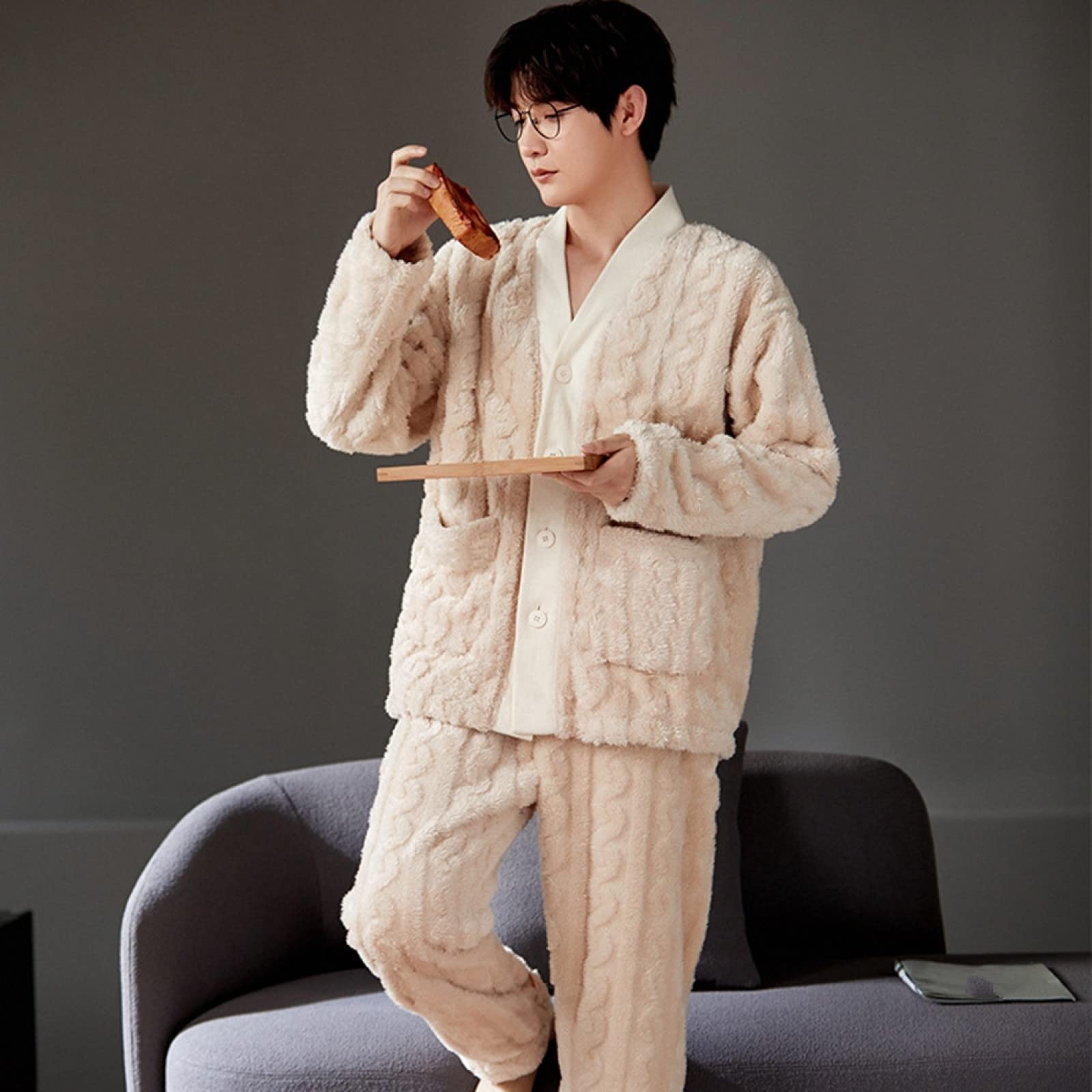 Pijamas De Hombre - Pijamas De Dos Piezas De Lana De Coral Para Hombres De Engrosamiento De Invierno Pijamas Cálidos Amantes Del Traje Moda Albaricoque Camisa De Manga Larga Con Cuello En V + Pant