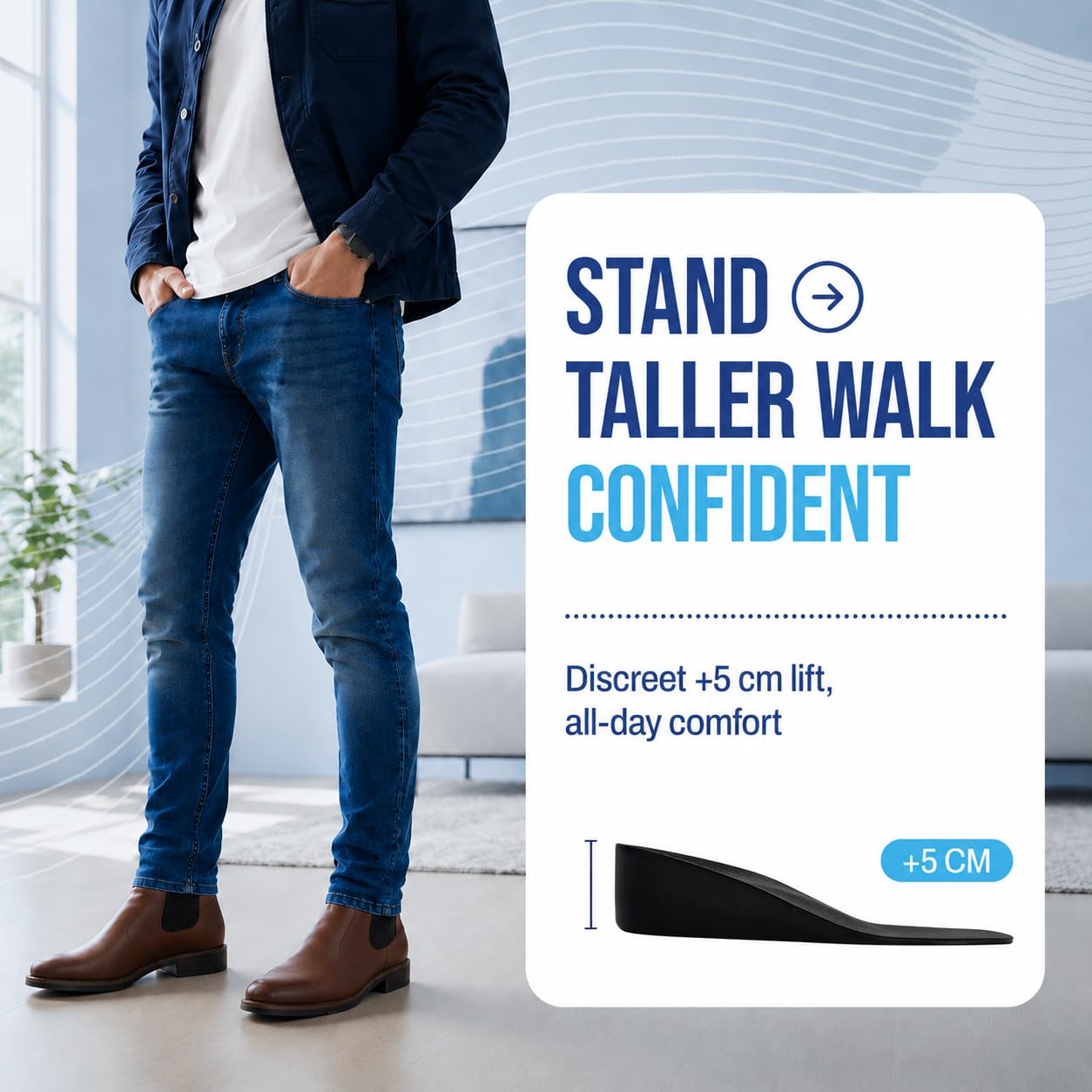 Solette rialzate da uomo (+5 cm) – Tallini regolabili, comodi e ritagliabili per un aumento di altezza istantaneo. Rialzi per scarpe con inserti adatti (42-43)