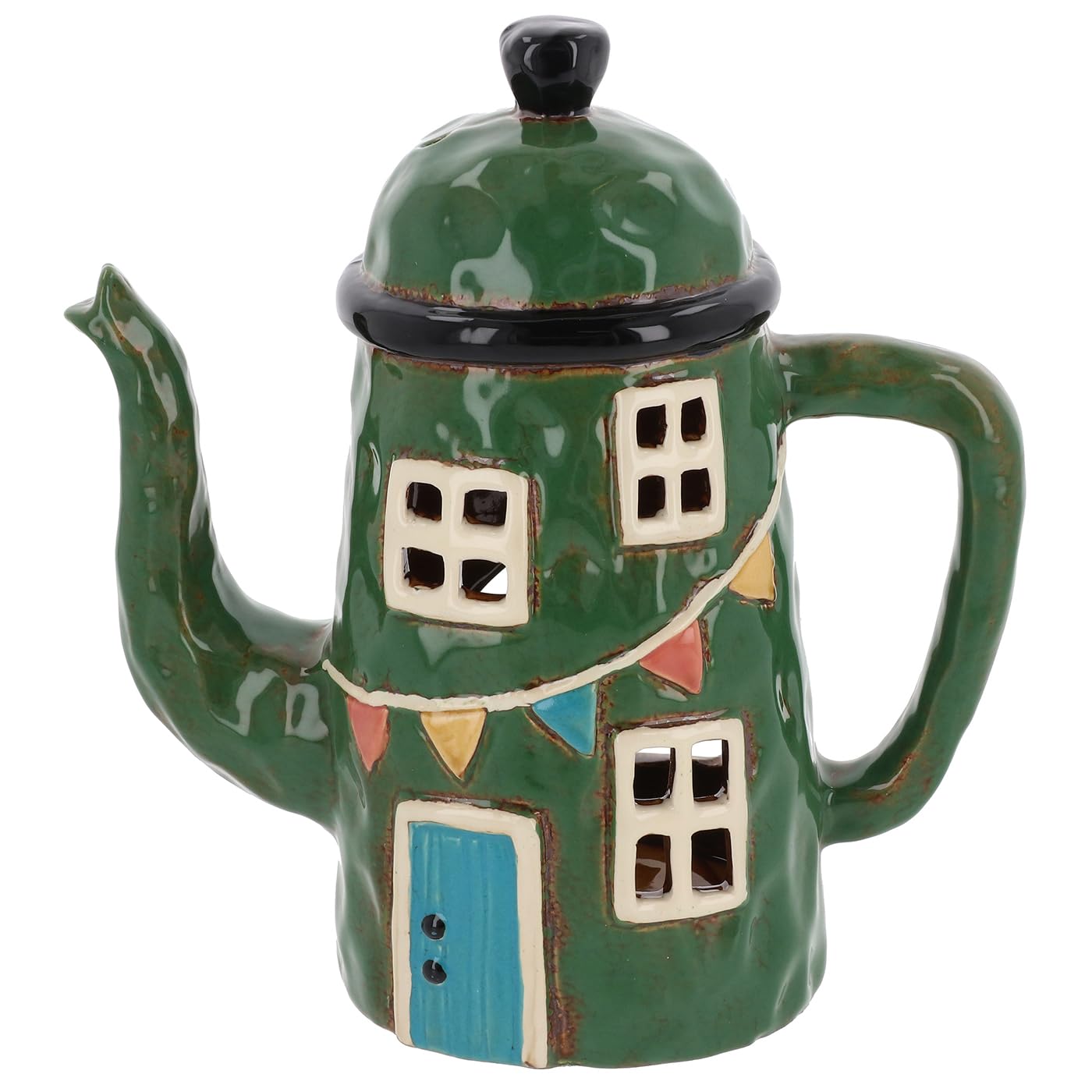 Shudehill Giftware Village Pottery Ceramic Tealight Holder Teapot House - Green or Blue (Green)