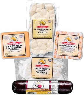 Gardner's Wisconsin Cheese and Sausage, Wisconsin Cheese and Sausage Sampler - Contains; Buffalo Wing Cheese, 8 Year Super Sharp Cheddar, Cheese Curds, Draw String Cheese Whips and Garlic Summer Sausage