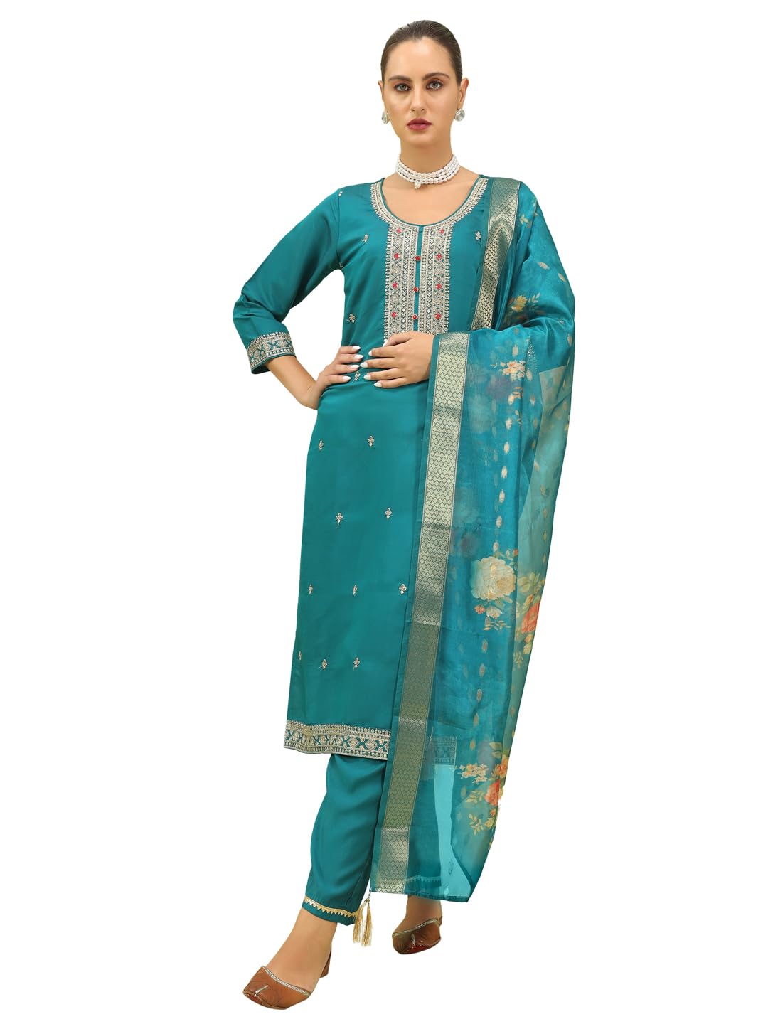 VredeVogel Women's Viscose Roman Silk Blend Embroidered Kurta with Pant & Dupatta Set