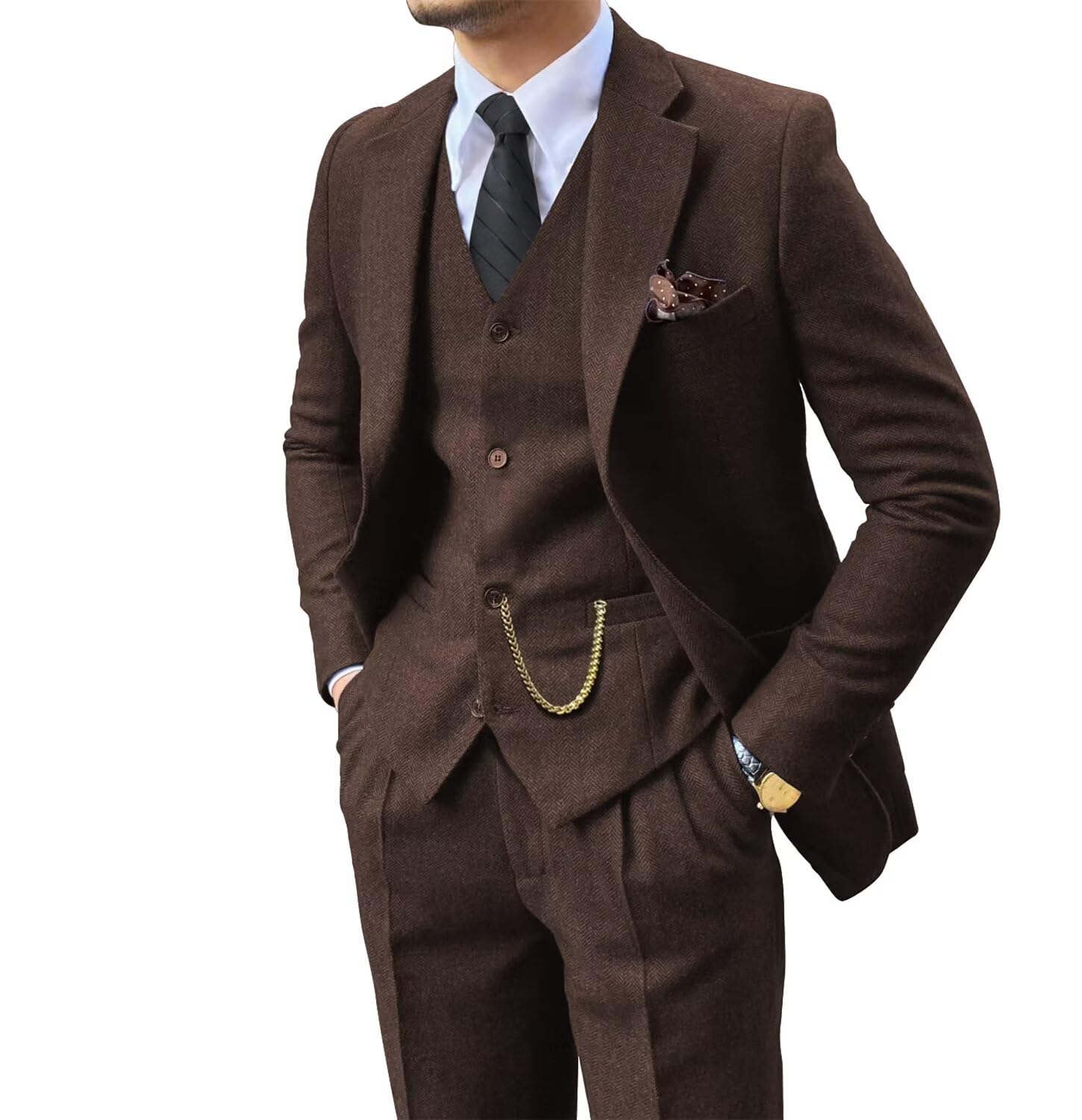 Retro 3 Piece Suit Tweed Herringbone Men's Suits Slim Fit Groom Tuxedos Set Prom Brown Grey Jacket Blazer Vest Pants