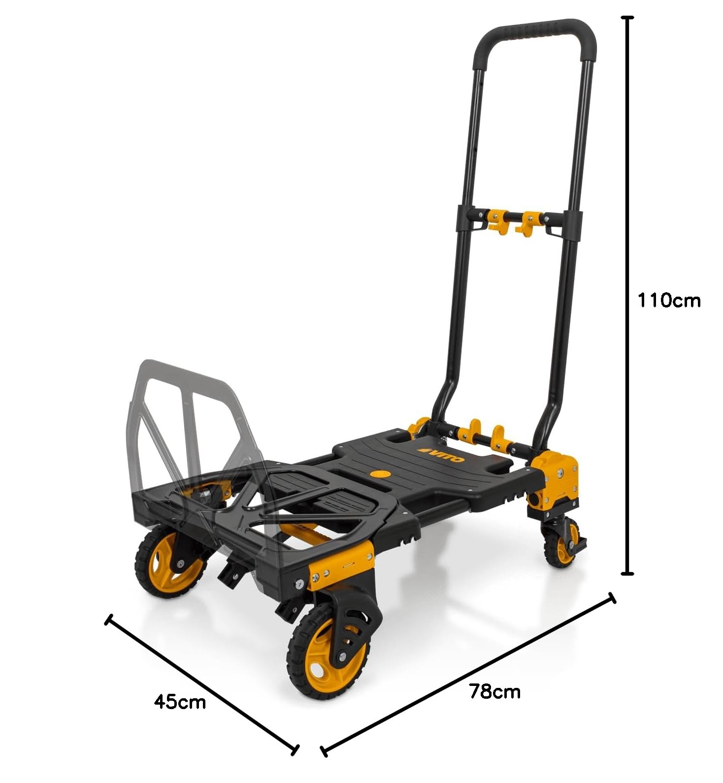 VITO VICTD2137 wytrzymały wózek transportowy 2 w 1 z platformą, składany wózek transportowy (70 kg / platforma 137 kg) – wytrzymałe koła – wózek ręczny z tworzywa sztucznego i stali, 7,2 kg