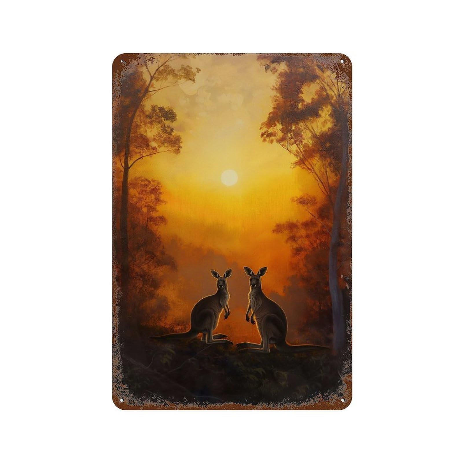 Kangaroo Forest Sunset 11.8"x7.9" Aged Metal Wall Plaque, Classic Wall Plaque for Basement, Hobby Room And Garage Decor