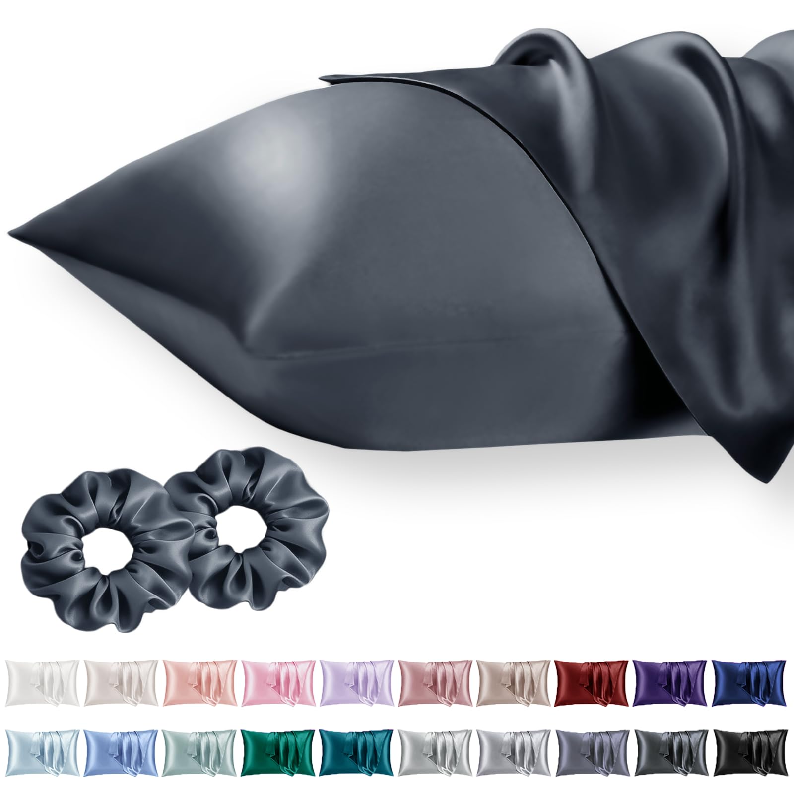 Vielit Standard Satin Pillowcase for Hair 2pc,Similar to Silk Pillow Cases,Easier Care Than Silk Pillowcase,Gifts for Women Men,Dark Grey,20x26 & Envelope Closure and 2 Satin Scrunchies — image 1