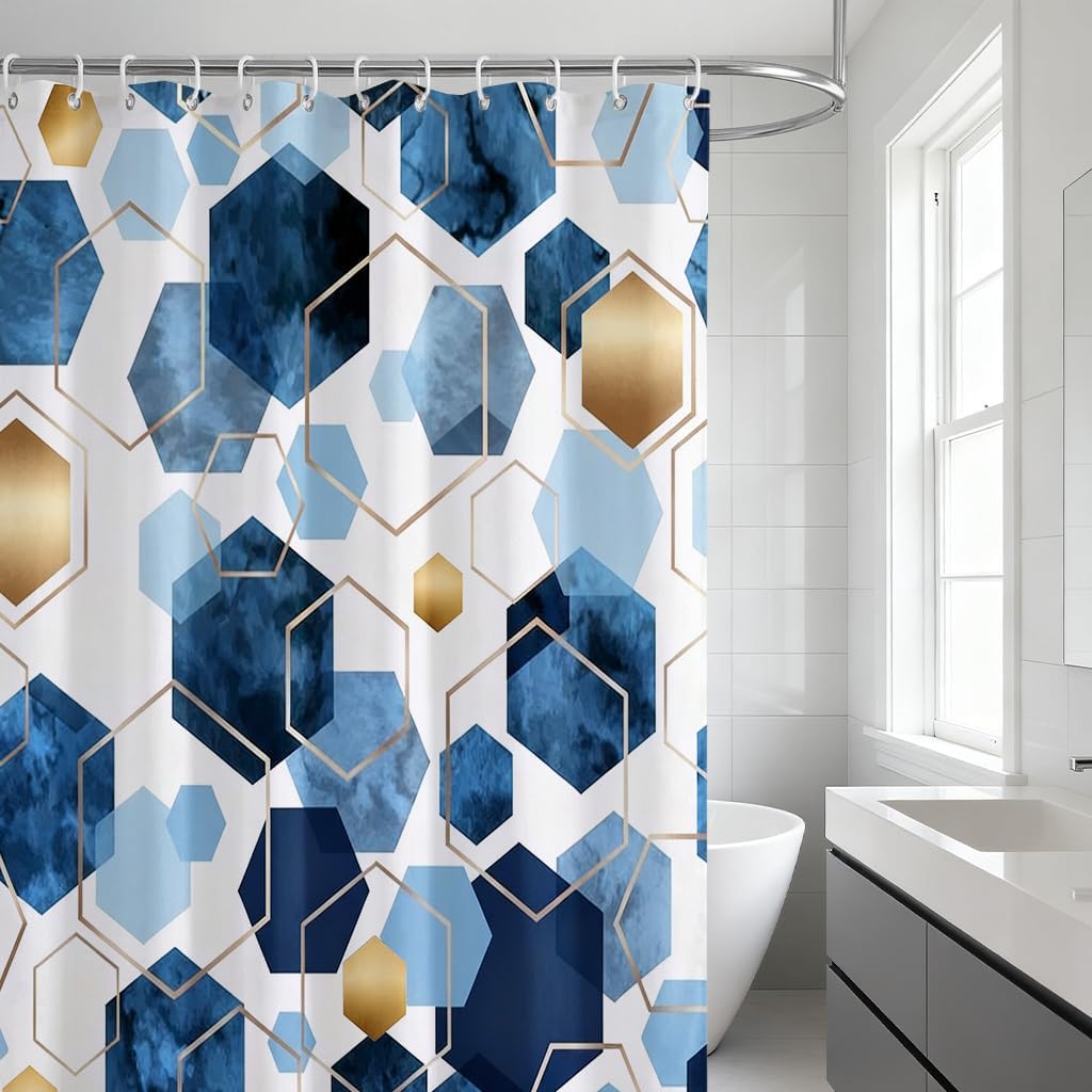 Indigo Gold Geometric Honeycomb Shower Curtain Water-Resistant Polyester Bath Curtain 72x72 Inches Light Luxury Ink-Texture Bathroom Décor Curtain image 2