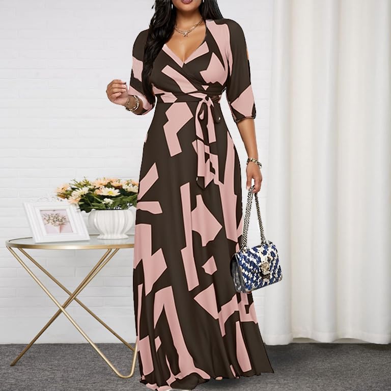 Image of CaniBtr Maxi Dresses for Women Plus Size 3 /4 Sleeve Long Dress with Belt | Versatile plus-size maxi dress,wrap v-neck + waist tie craft soft glamorous looks easily for everyday casual outings