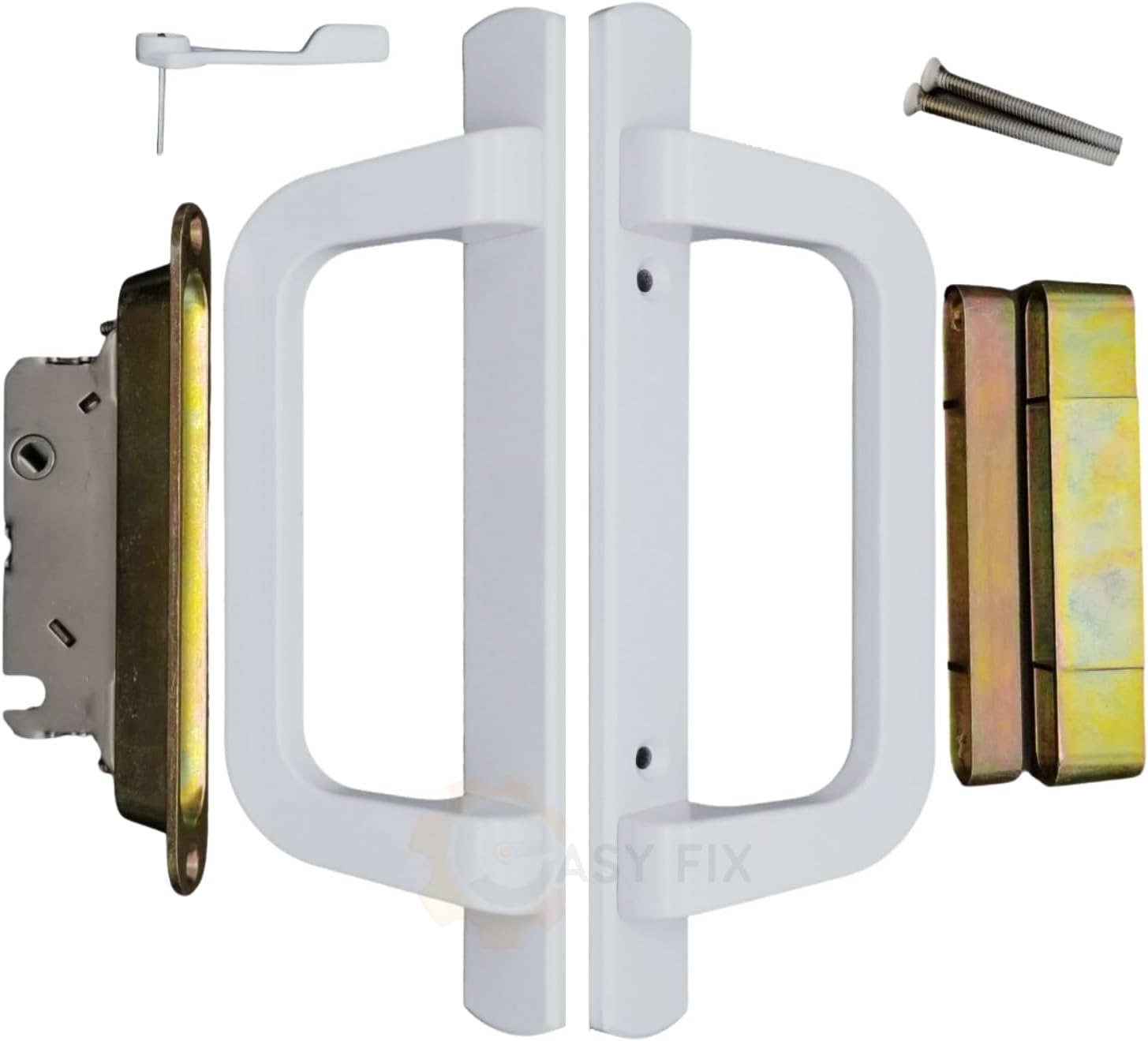 8.5" PGT Sliding Door Handle Kit for Patio Glass Door Repair | Replacement Complete Set - Locking Mechanism, Mortise Lock, Trimplate, Keepers, Screws, Thumb Latch Lever | 3-15/16" Hole Spacing - WHITE