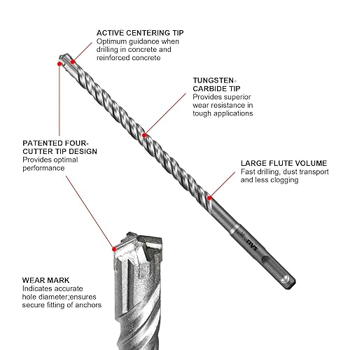 Miniatura 4 de SALI Juego de brocas de martillo giratorio SDS Plus de 8 piezas, kit de brocas para hormigón, material de carburo de doble rosca tipo cruz, adecuado