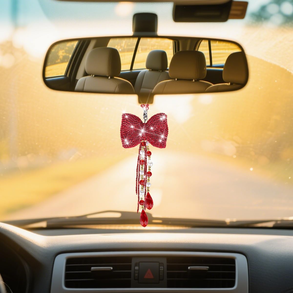 Bling Bow Car Rear View Mirror Pendant, Cute Crystal Rhinestone Vehicle Rearview Mirror Hanging Ornament, Diamond Auto Interior Decoration Charms, Universal for Truck SUV Sedan (Red)