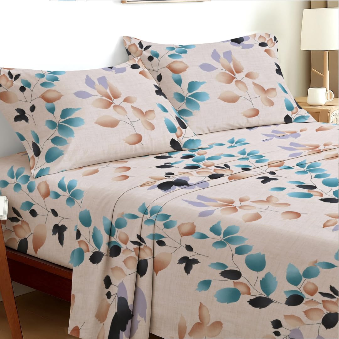 EverSoft Bedding Small Double 3-Piece Bed Sheet Set Elegant Floral Print Flower Design 35cm Extra Deep Pocket Premium Soft Luxury Flat & Fitted Sheet with 1 Pillowcases Aqua Bloom