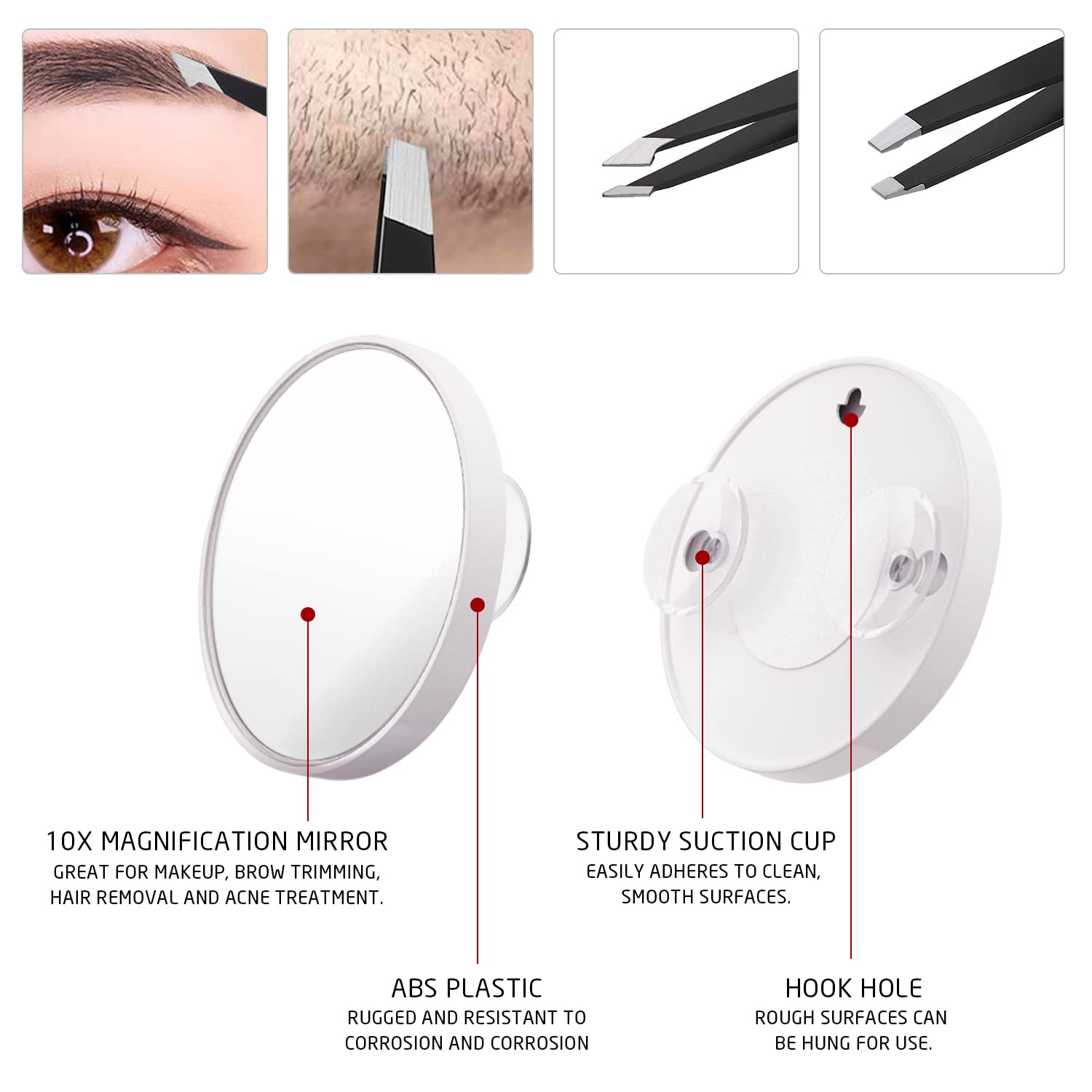 1 lupa de detalle 10X con ventosas con 2 pinzas, espejo redondo de 13 cm de enfoque, espejo portátil, maquillaje, afeitado, corte de cejas, para uso diario y de viaje.