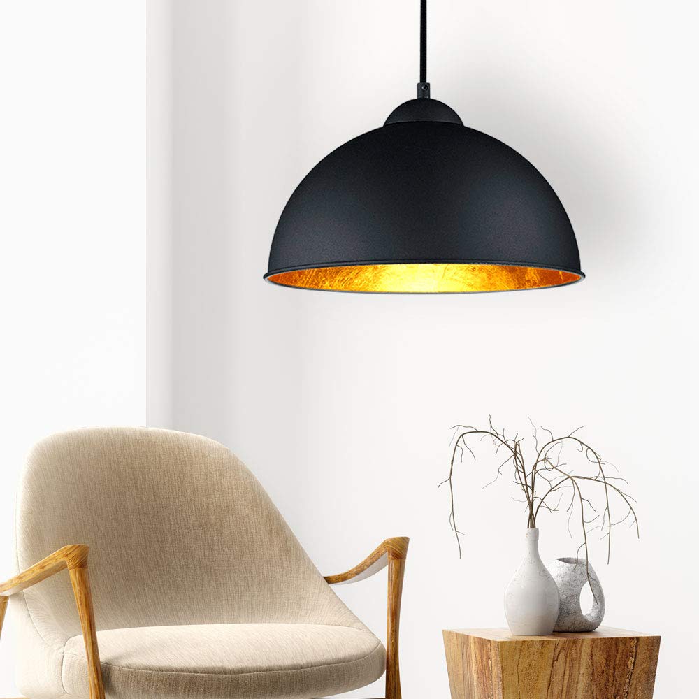 Reality Leuchten Pendelleuchte Hängeleuchte Jimmy, 1 x E27 ohne Leuchtmittel, Durchmesser 31 cm, Außen schwarz, Innen gold-farbig, R30121002