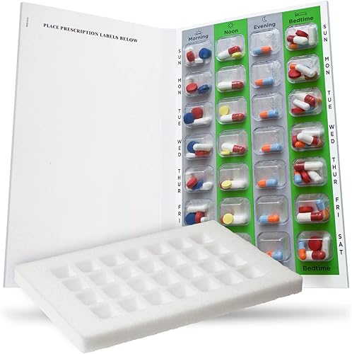 SureMed - Tarjeta desechable de 7 días, 4 pases (4 dosis por día) con 26 tarjetas, 26 ampollas y plantilla de llenado