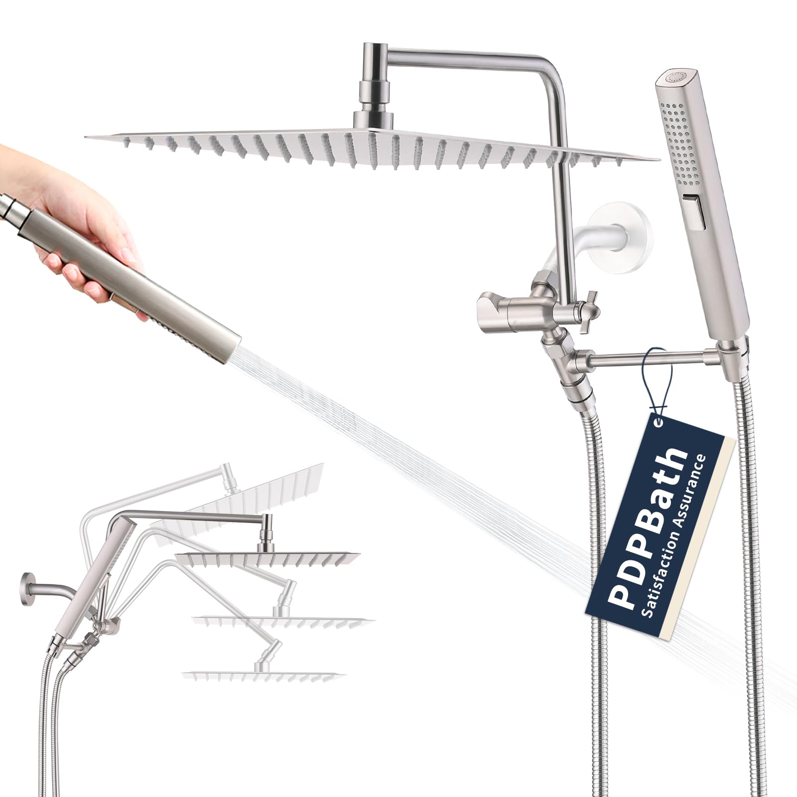 PDPBath Cabezal de ducha de lluvia de metal de 12 pulgadas con combo de rociador de mano, cabezal de ducha de lluvia de alta presión con brazo de extensión ajustable en forma de Z, manguera extra