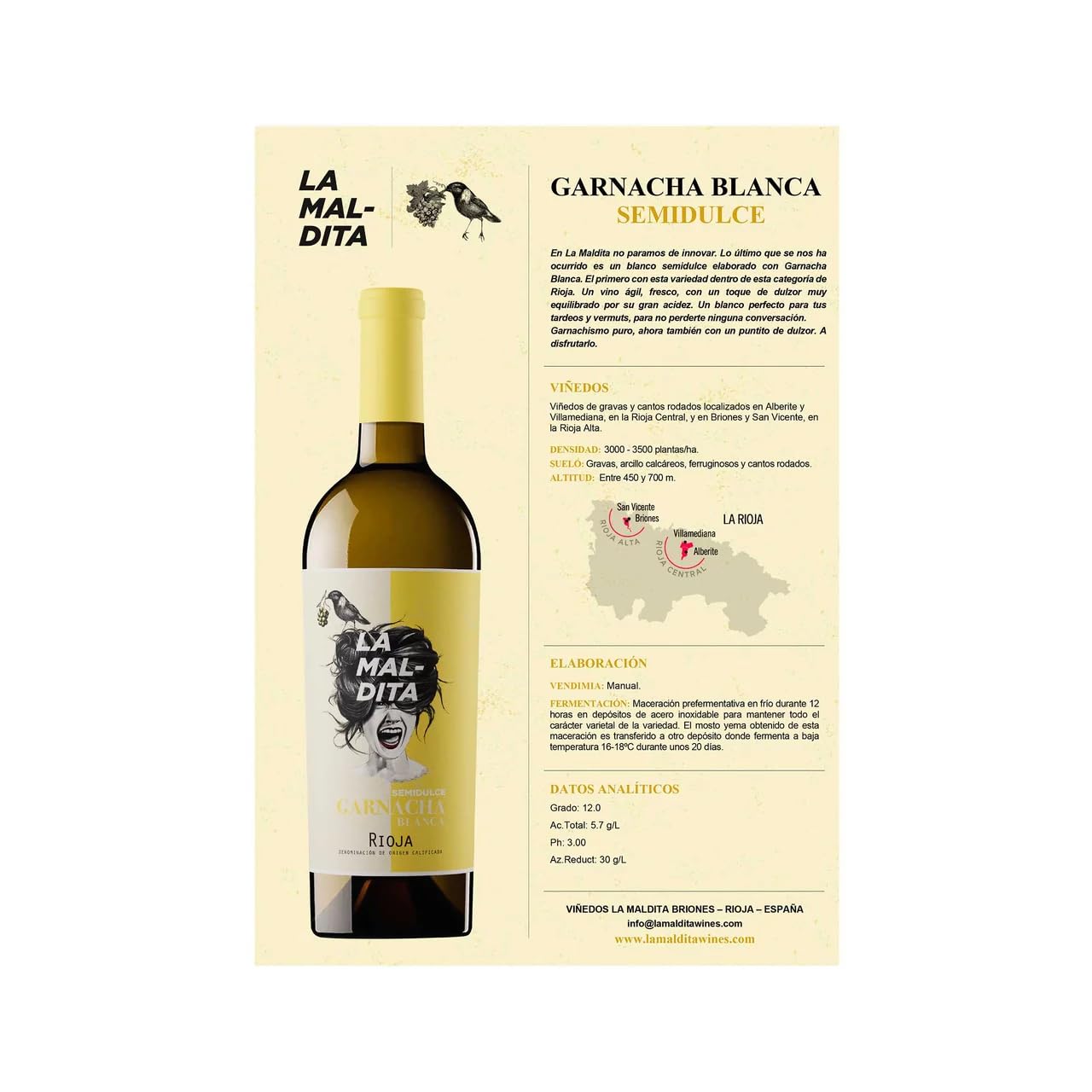 LA MALDITA Halbtrockener Weißwein mit D.O.Ca. Rioja Flasche 75 cl. 4er Pack