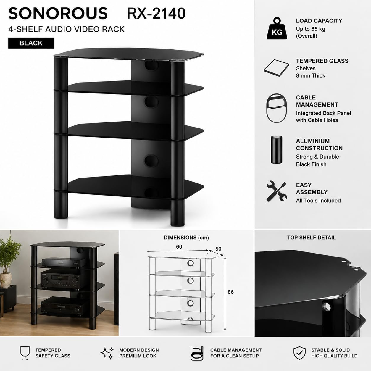 Sonorous RX-2140-BLK Mueble HiFi 4 Estantes Vidrio Templado Negro 86x60x50 cm Chasis Aluminio Negro Rack Audio Vídeo hasta 65 kg con Sistema Ocultacables