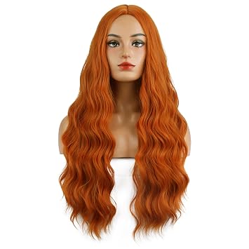 MAGQOO Womens Dark Orange Wig Long Curly Wavy Auburn Red Copper Wigs Middle Part Synthetic Halloween Costume Cosplay