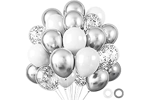 80Pcs 12" White Confetti Balloons, Metallic Silver Party Confetti Balloons With Ribbons...