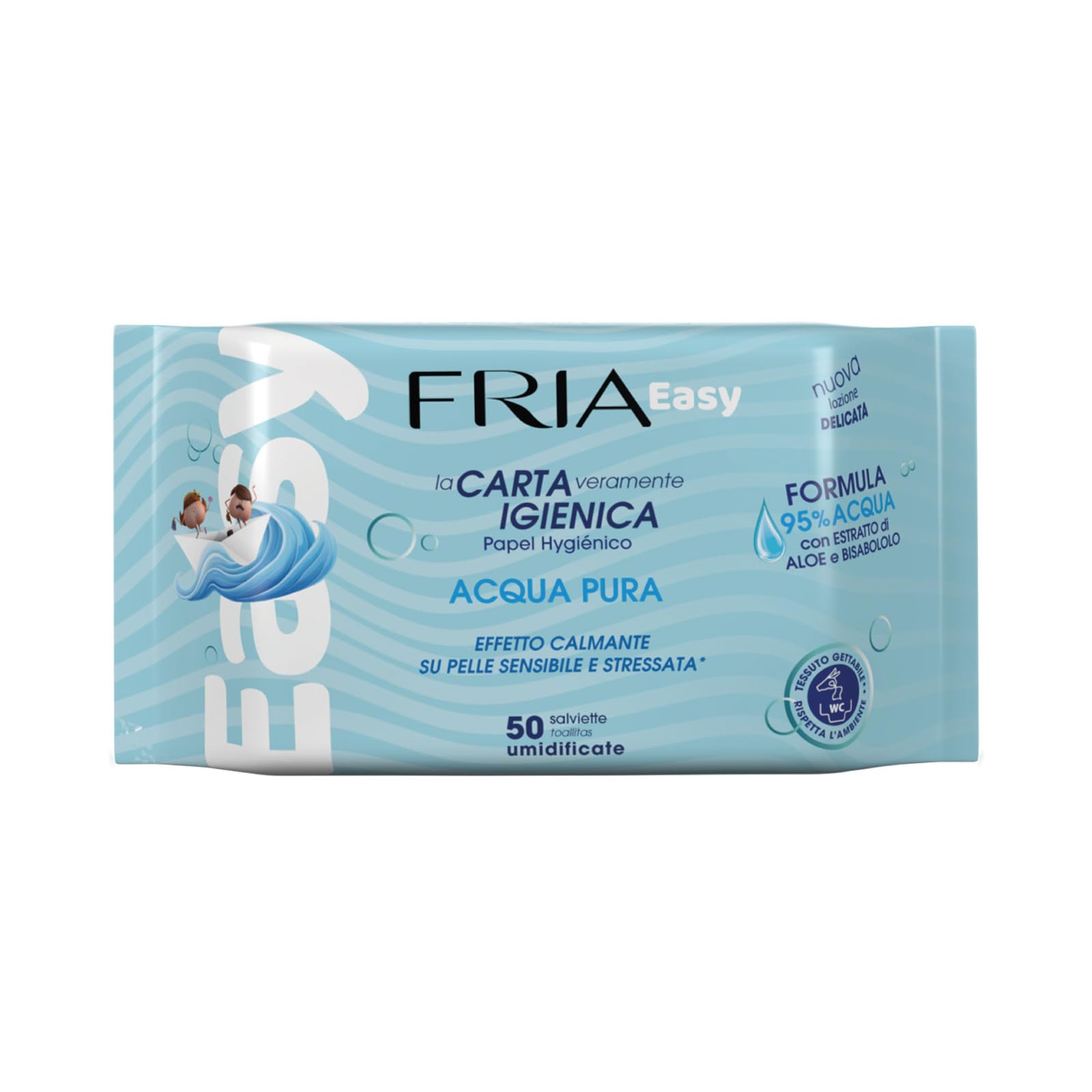 Fria Easy Carta Igienica Umidificata con Acqua Pura ad Effetto Calmante, Tessuto Gettabile nel WC, Dermatologicamente Testate, Confezione da 50 Salviette