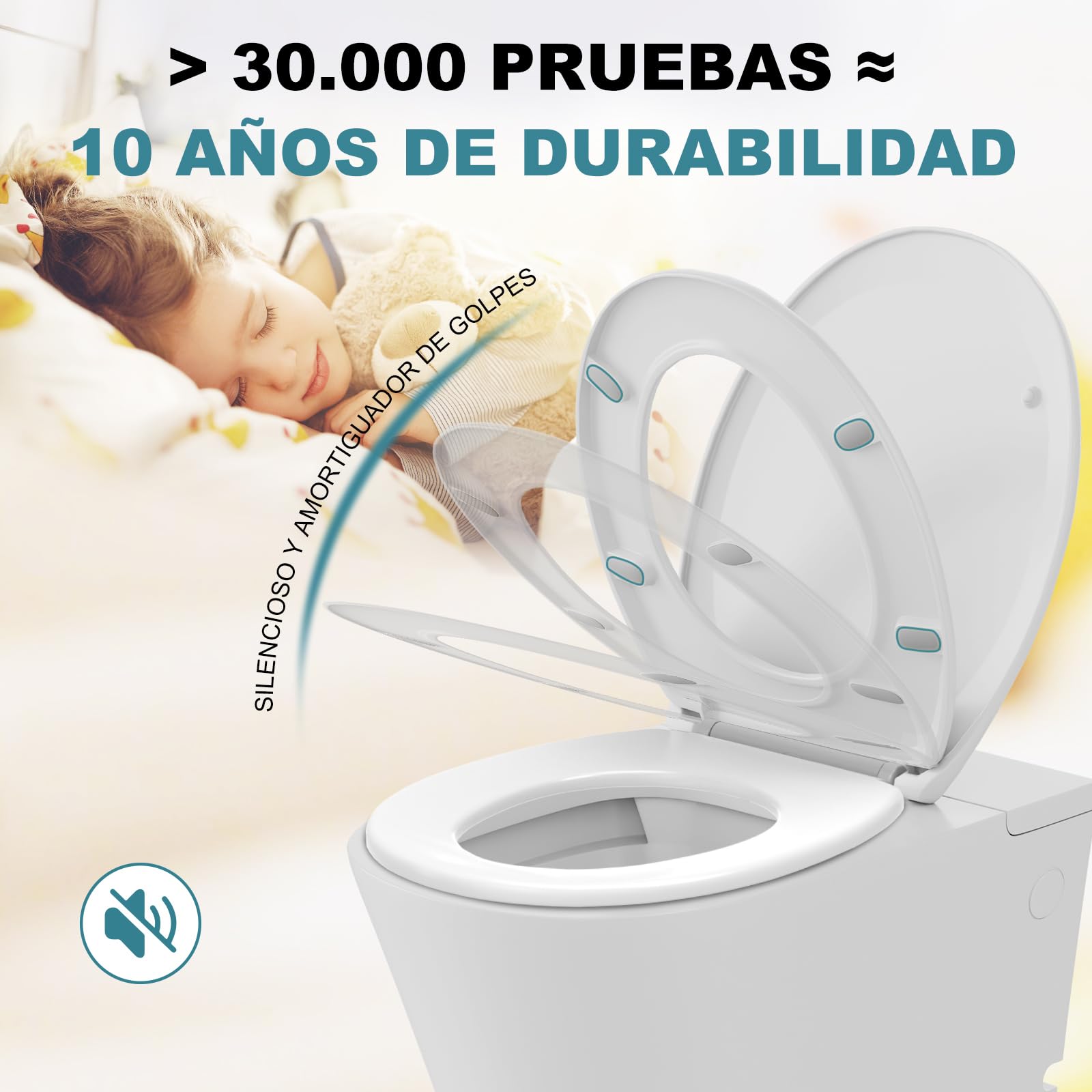 Tapa Wc Universal Amortiguada, Asiento Inodoro Blanco, Tapa de Vater Ovalada con Cierre Suave, Tapa de WC de Duroplast, Tapadera Wc para Familia, Tapa Inodoro Montaje Fácil