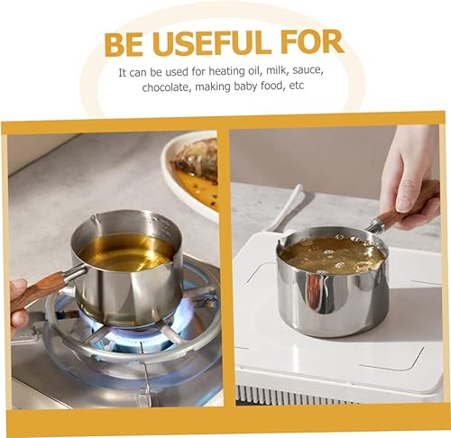 Miniatura 2 de KICHOUSE Cacerola de acero inoxidable con mango de madera, olla de aceite pequeña para calentar aceite, hervir leche y queso derretido, olla de