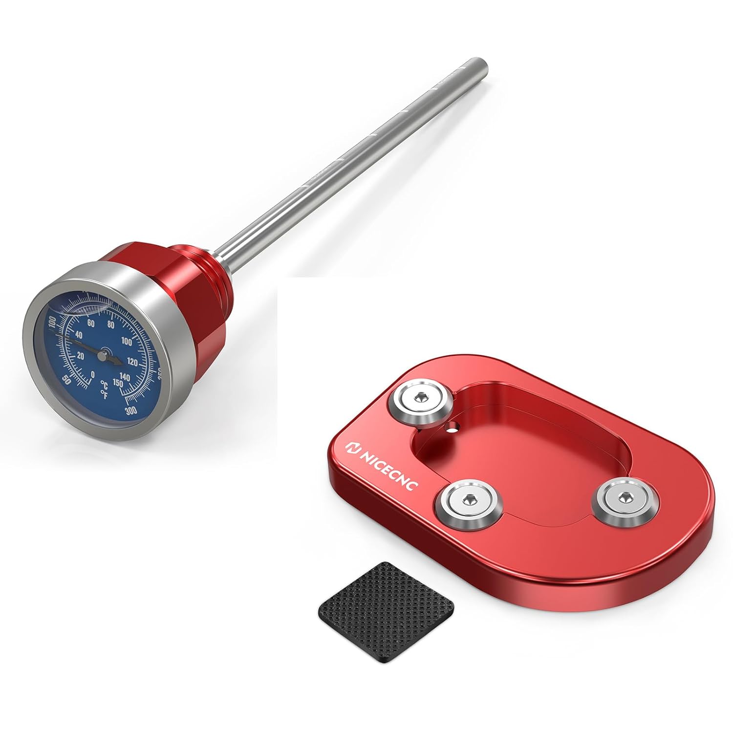 NICECNC Red Oil Level Gauge Dipstick Temperature + Side Stand Extension Kickstand Plate, See Fitment