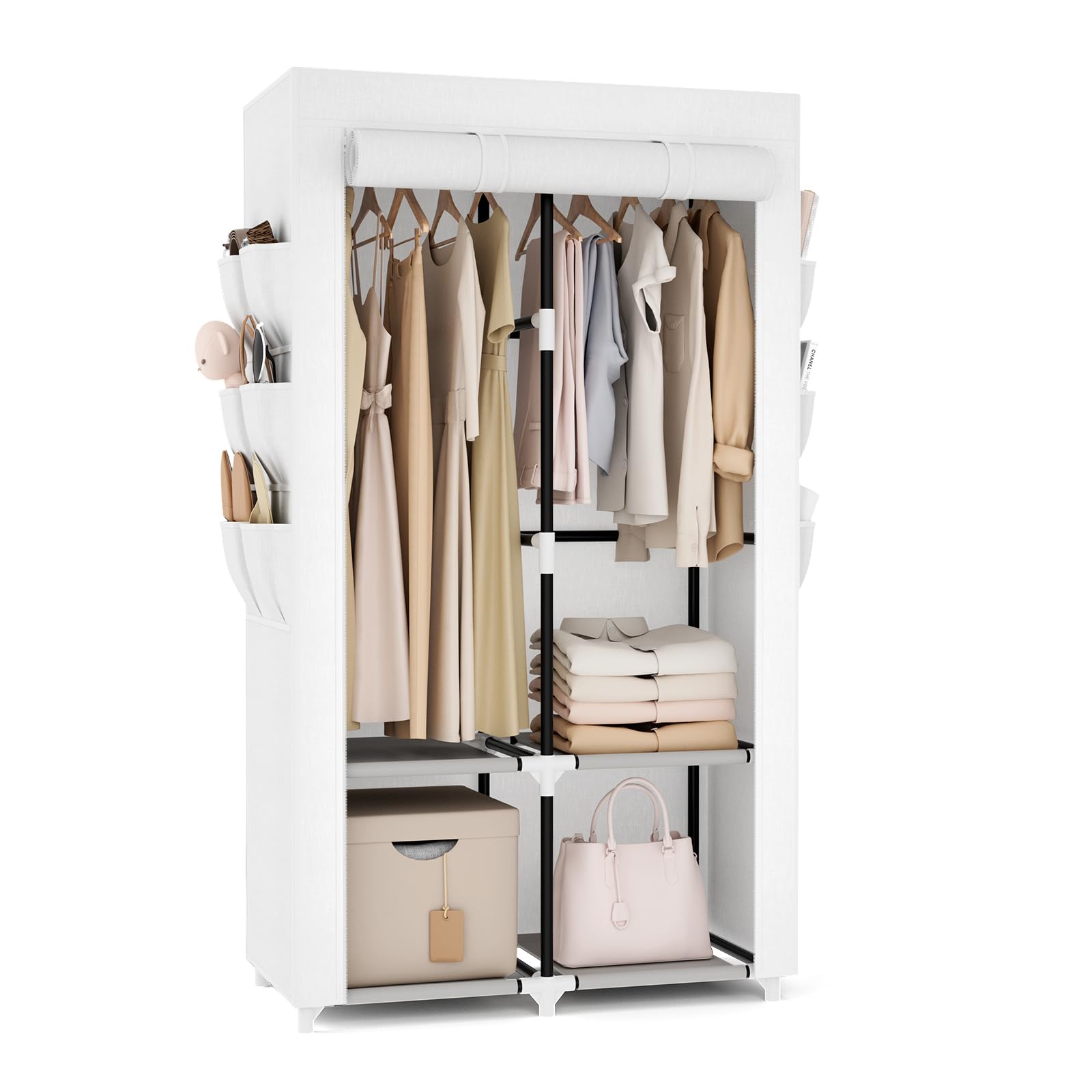Vicye Armario De Tela, Ropero Portátil para Ropa con 2 Barras Colgantes, 4 Estantes Y 6 Bolsillos Laterales, Armario Portatil Ideal para Dormitorio, Vestidor, Salón, Blanco (90 x 45.5 x 172 cm)