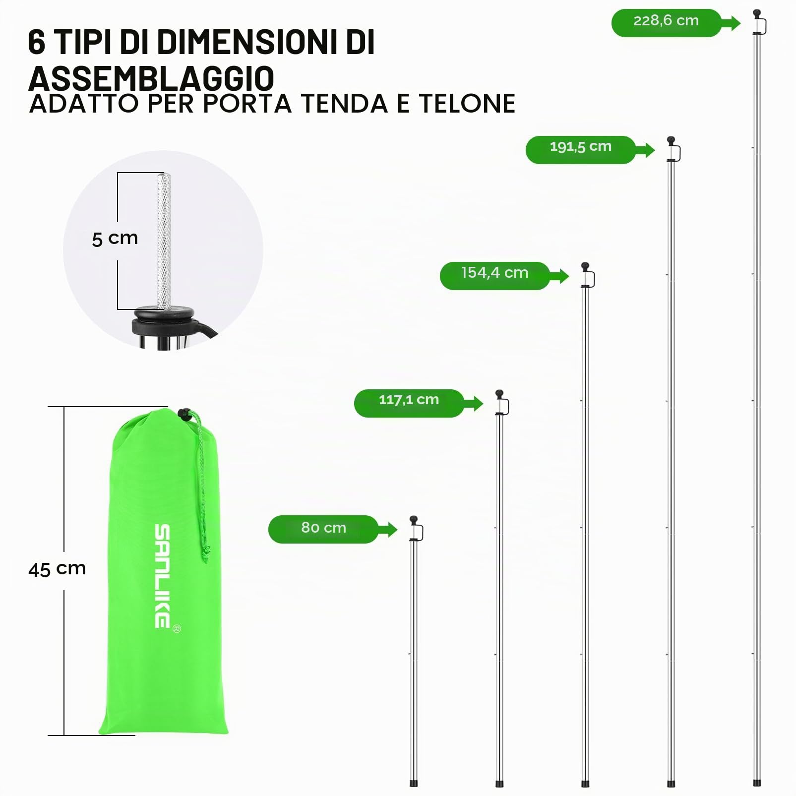 SAN LIKE Palo da Tenda da Campeggio Regolabili, Palo Telescopico per Tende Rubinetti o Tende da Sole Teloni, Pali da Tenda Pieghevoli in Acciaio Inox per Tettuccio di Protezione Antipioggia, Set di 2