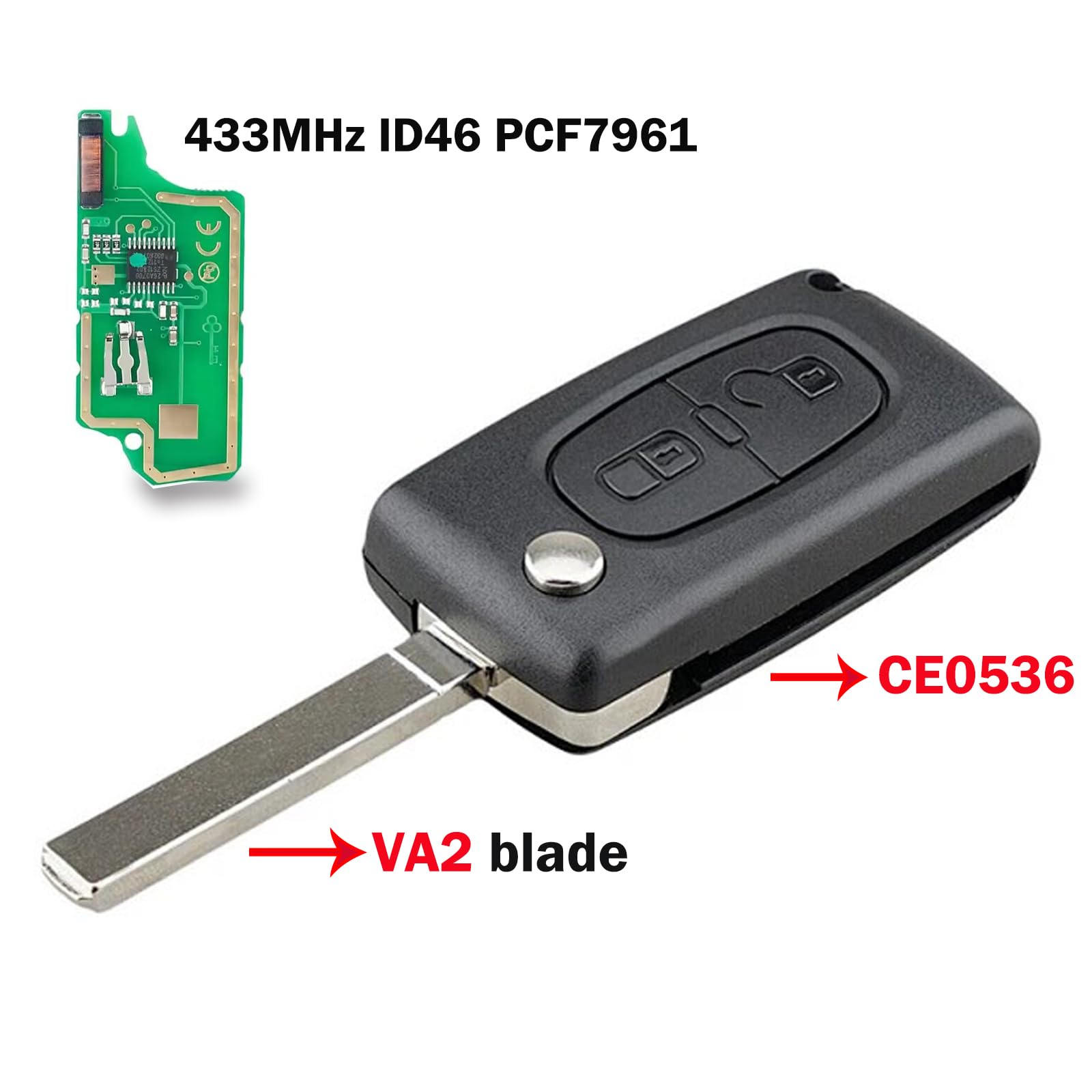 FSK Chiave Telecomando Completo, 2 Tasti Auto Guscio Chiave, 433 MHz con ID46 PCF7961 Elettronico Chip Radiocomando per Peugeot 207 307 308 407, Citroen C2 C3 C4 C5 -CE0536 - VA2
