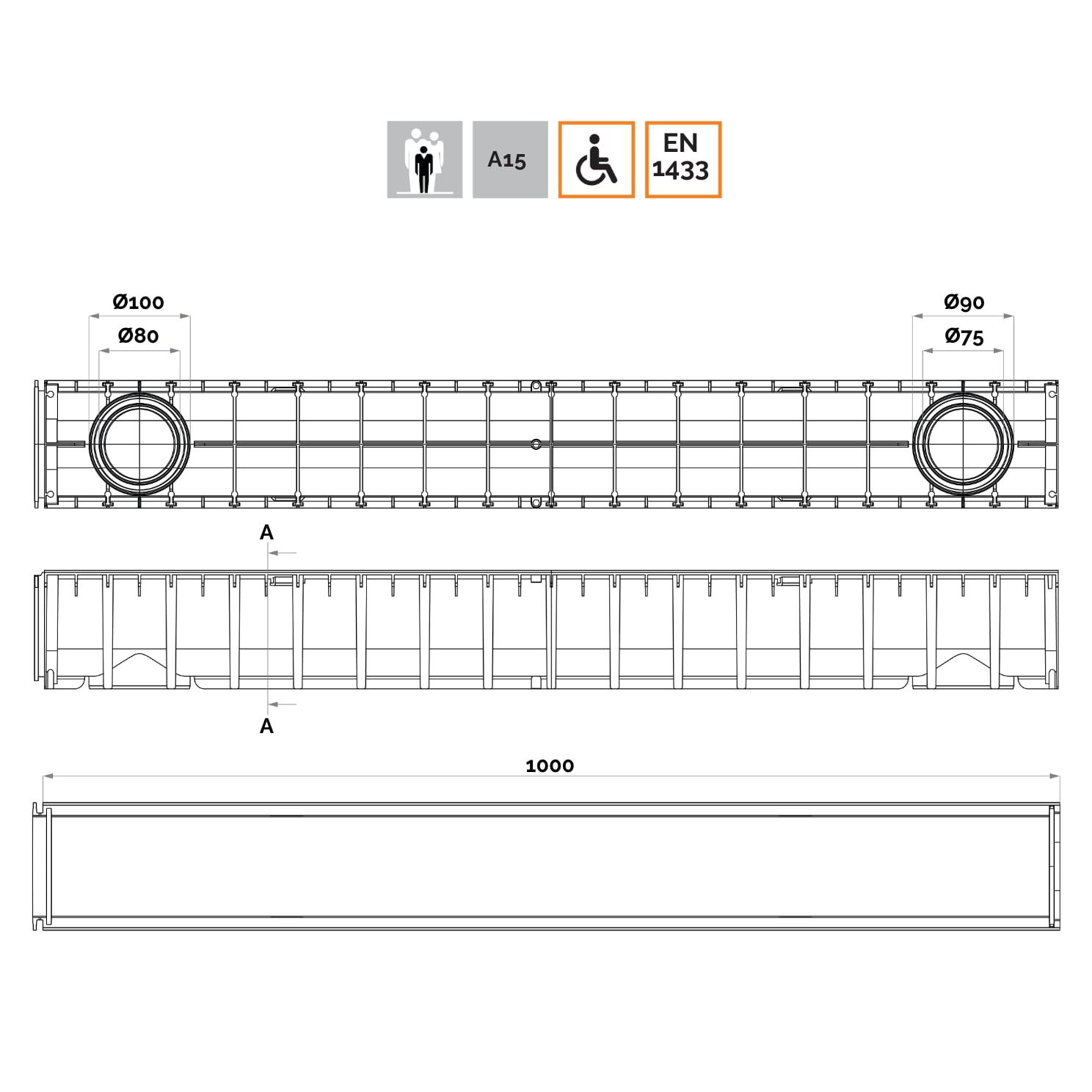 Jardibric - Caniveau Drainage A15 1 m - Grille Acier Galvanisée - Polypropylène - 118 x 118 mm