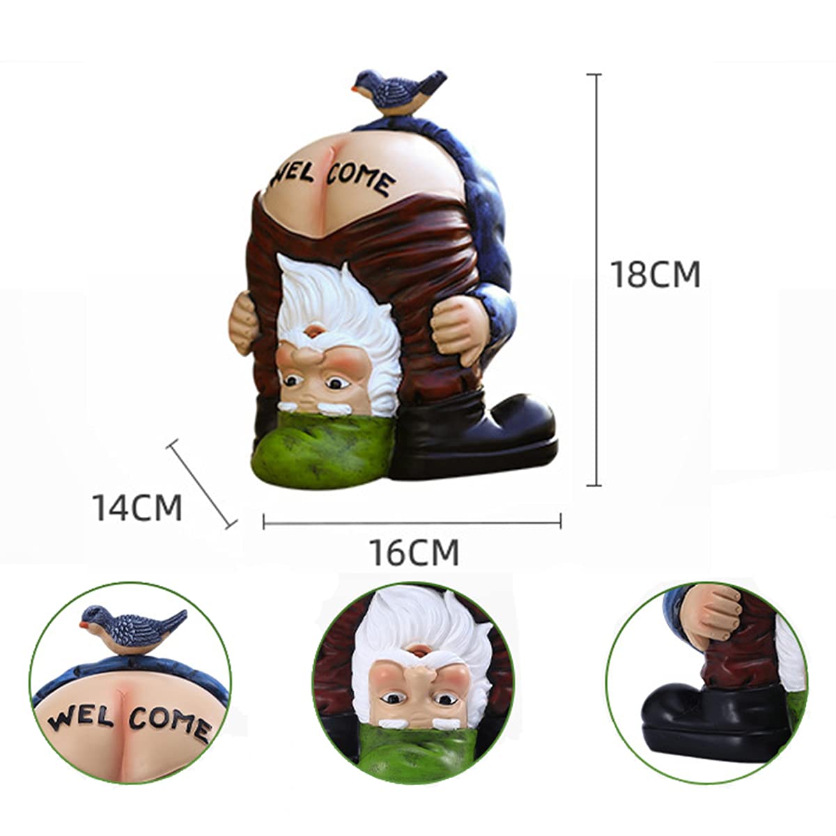 Statua krasnala ogrodowego z odkrytym pośladkiem, Figurka ogrodowa Polyresin na Patio Trawnik Ozdoba Dekoracyjna, 6.5 * 5.5 * 7 cal (L * W * H)