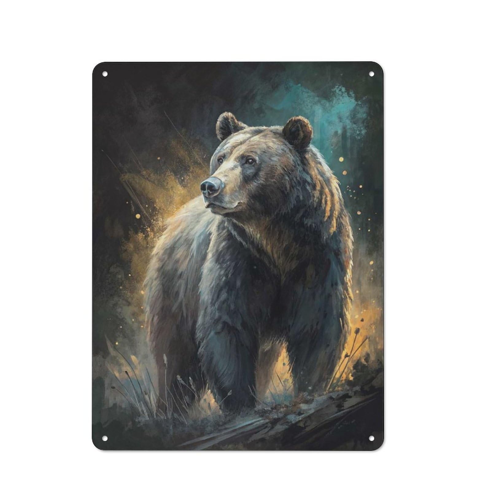 Junmoney Style-5 Metal Wall Sign 40X30cm Featuring Grizzly Bear In A Moody Forest For Workshop Wall, For Room Styling Across Workshops And Hobby Rooms