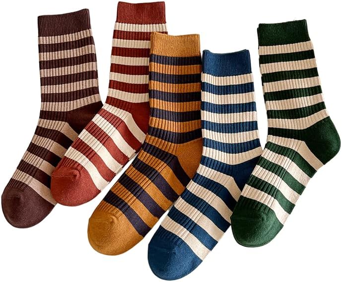 5/10 Pairs Retro Style Colorful Striped Socks, Cute Athletic Crew socks for Women