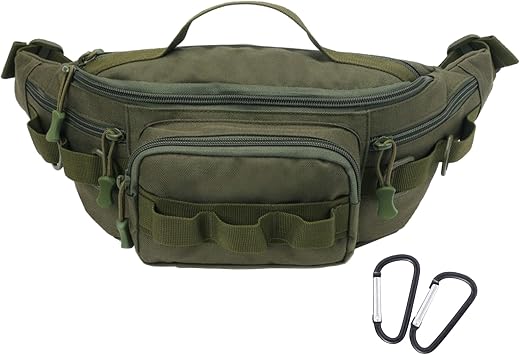 Tactical Fanny Pack,Small Fishing Tackle Bag Water-Resistant Military Waist Bags Portable Fishing Storage Waist Packs for Outdoor Fly Fishing Hiking Climbing with 2 PCS Mini Carabiners Green