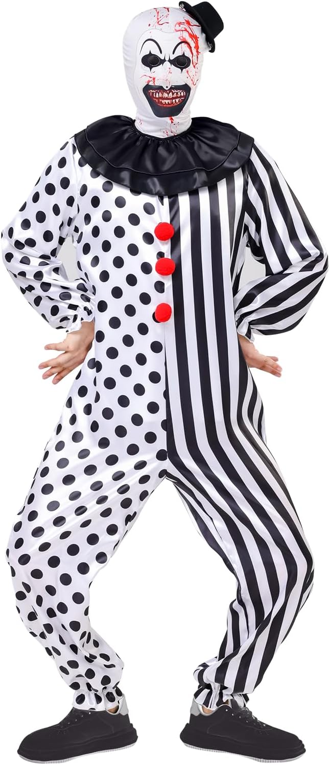 ATTBEA Unisex Kid Clown Costume Jumpsuit Black and White Halloween Outfit Scary Killer Cosplay with Mask Hat - Image 6
