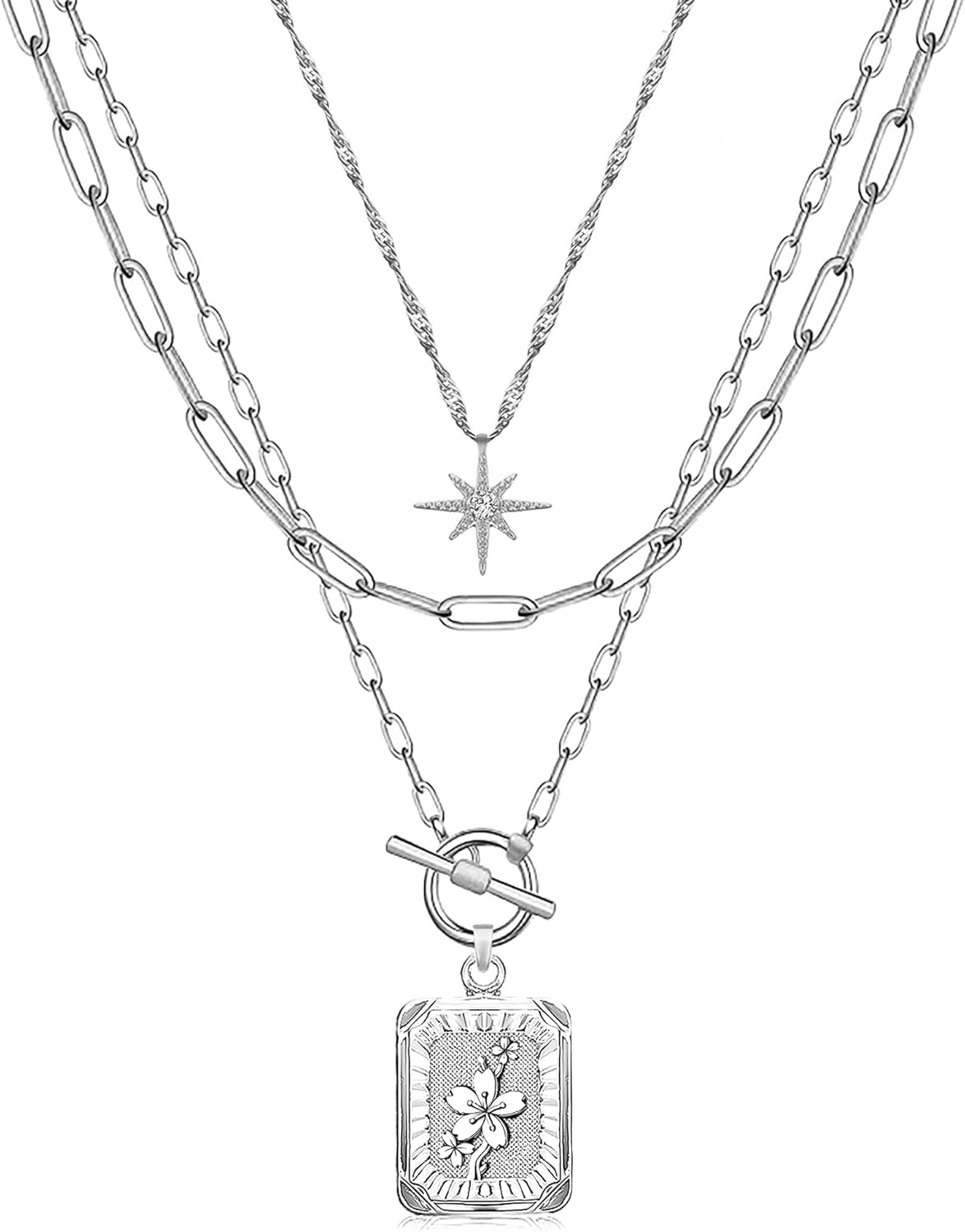 MJartoria Layered Necklaces for Women Trendy, 14K Gold Plated Brass Simple Star Choker Square Birth Flower Necklace, Paperclip Chain Necklaces Jewelry Gifts