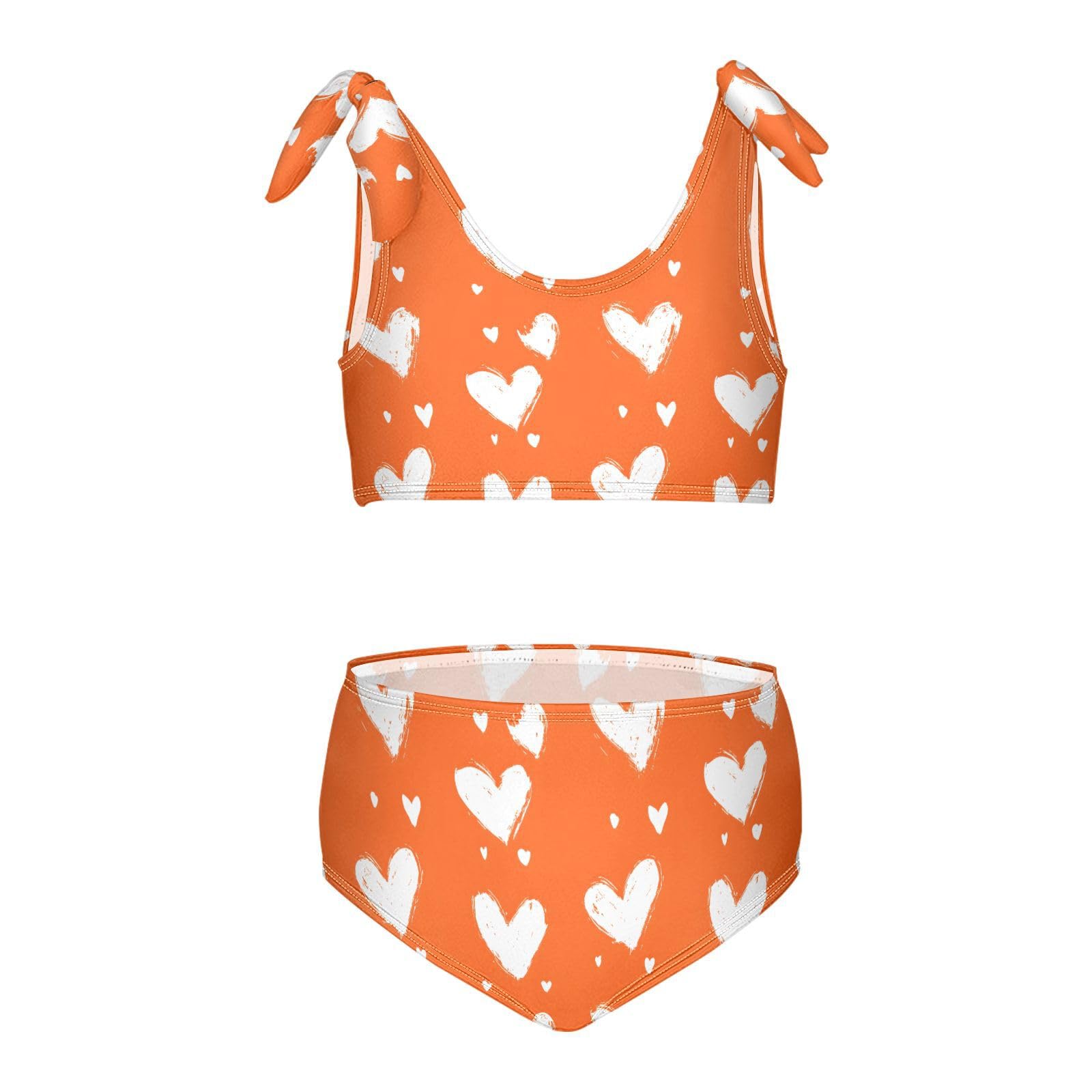 Heart Orange Pattern Girls Two Piece Tankini Swimsuits Summer Bathing Suit Beach Swimwear Set, 9-10T