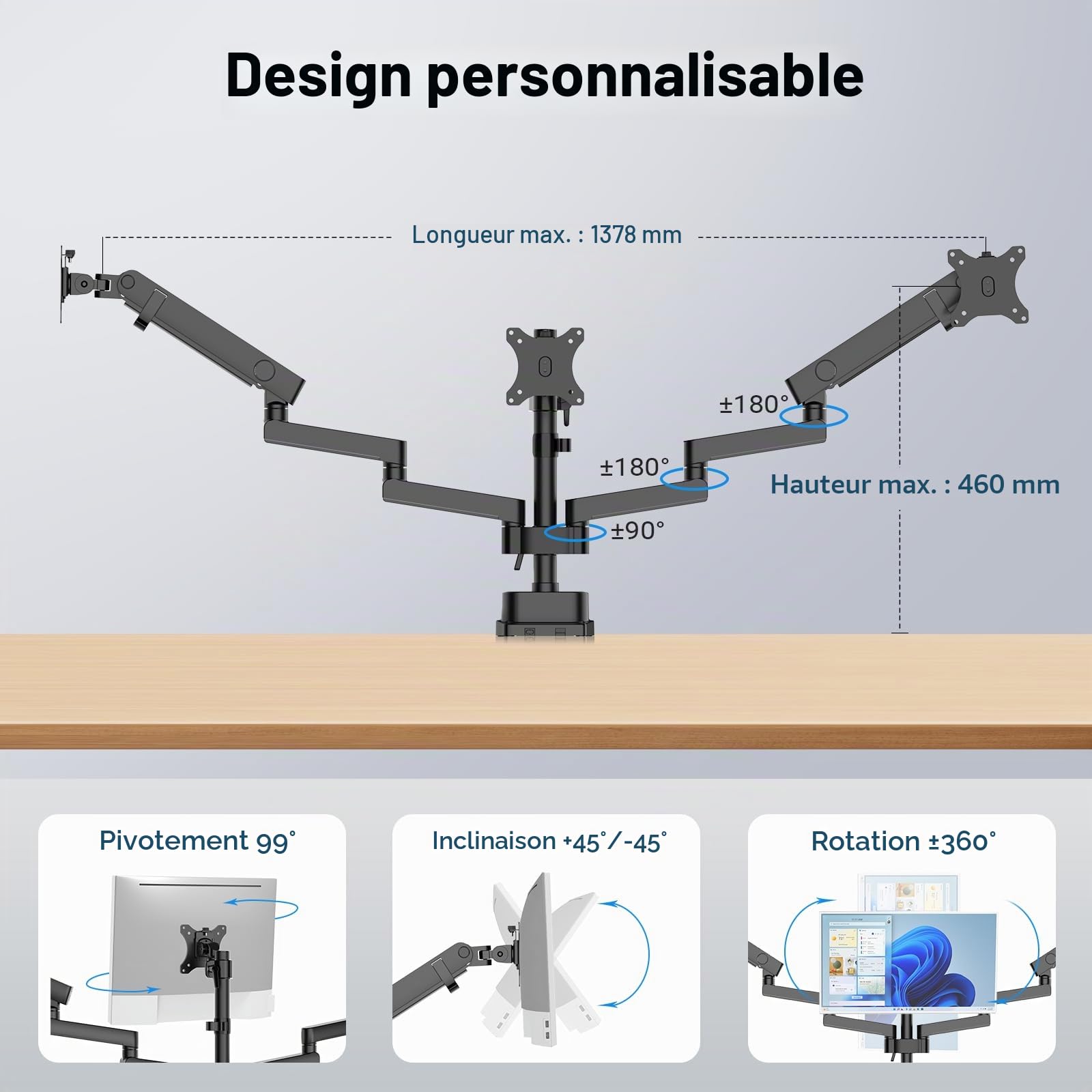 Wiltec Support TV Triple pour 3 Écrans 17"-27" – Fixation sur Bureau orientable +45°-45° et inclinable +90°-90° – capacité de Charge 9 kg – Support télé