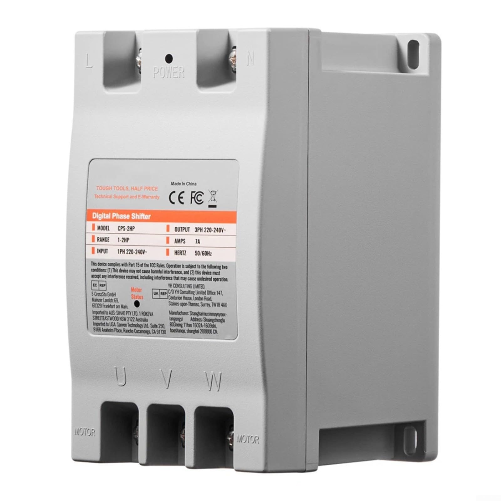 2HP Digital Phase Converter, Single-Phase 220-240V to Three-Phase 220-240V, 7A Variable Frequency Drive for Motor Controls, Metal Housing,Frequency Inverter