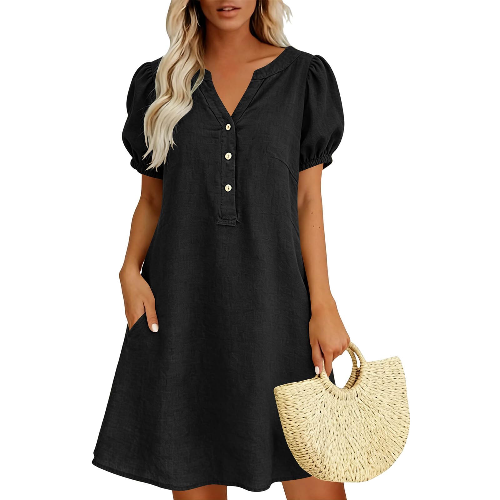 Robe midi Ample Femme col en V Demi-boutonnée Manches Bouffantes Courtes avec Poche latérale Style décontracté Chic pour Les Vacances