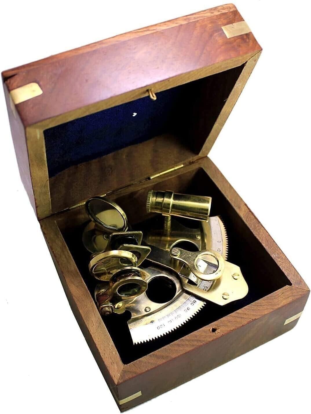 Brass Nautical Sextant with Wooden Storage Box, Handcrafted Navigation Instrument